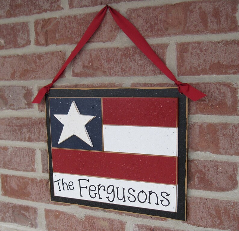 Large PERSONALIZED HANGING FLAG with ribbon for July 4th, wall, door hanger, and americana home decor image 1