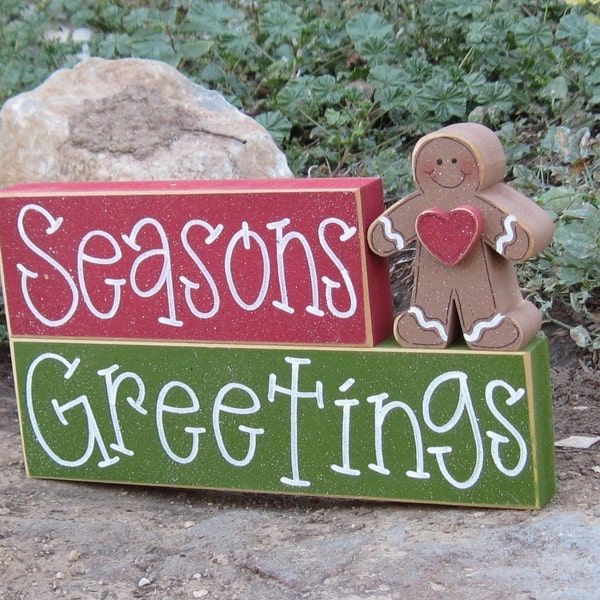 SEASONS GREETINGS BLOCKS with a gingerbread man for Christmas, desk, shelf, mantle, holiday, December, xmas, noel, home decor