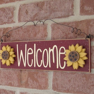 Free Shipping Welcome sign with sunflowers barn red for home and office door hanging sign image 3