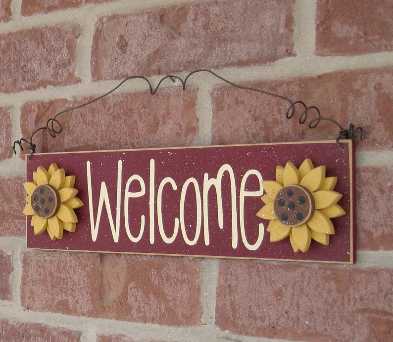 Free Shipping Welcome sign with sunflowers barn red for home and office door hanging sign image 3