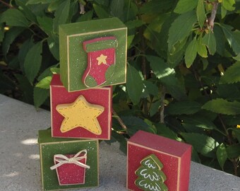 4 BLOCK CHRISTMAS themed SET with a tree, stocking, present, and star for desk, shelf, mantle, holiday, December, xmas, noel, home decor