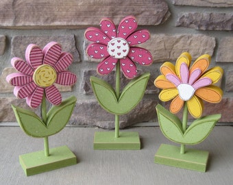 3 Tall Standing Whimsical Flower Block Set for Spring decor, Flower decor, Girl room decor,  shelf, desk, office and home decor