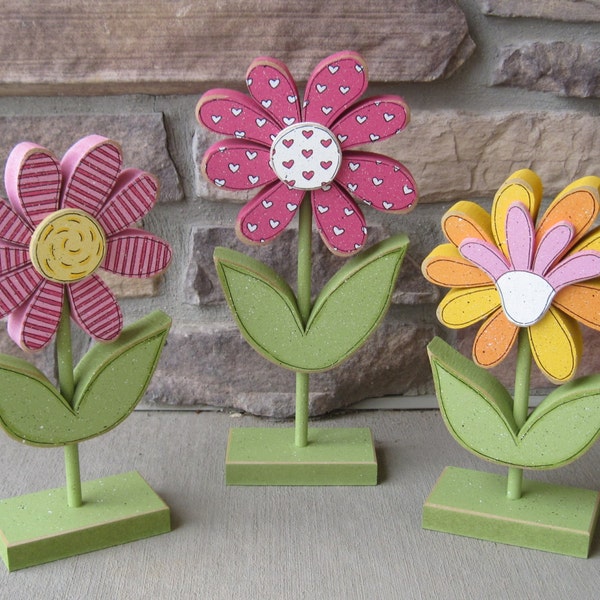 3 Tall Standing Whimsical Flower Block Set for Spring decor, Flower decor, Girl room decor,  shelf, desk, office and home decor