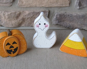 Handcrafted Halloween Block Set, Ghost, Jackolantern, Candy Corn