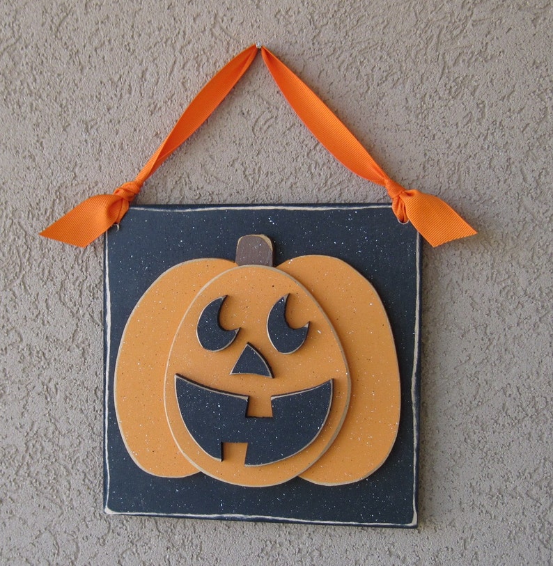 Hanging HALLOWEEN JACKOLANTERN PUMPKIN with ribbon for Halloween, wall, door hanger, and home decor image 3