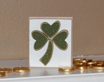 Small White BLOCK WITH CLOVER for St. Patricks day and home decor