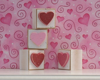 Handcrafted Valentine Heart Blocks, Pink and Red Decor