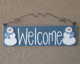 Free Shipping- Welcome sign with Snowmen (Blue Gray) for home and office door hanging sign