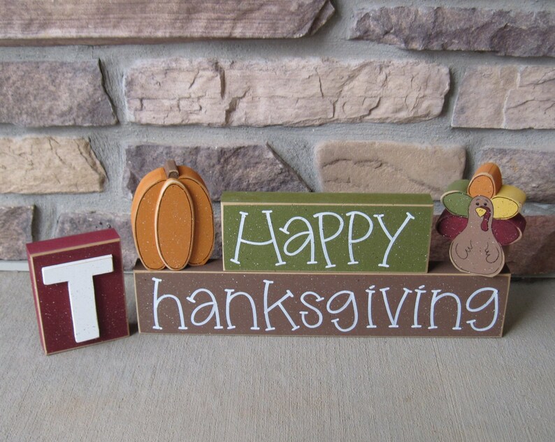 HAPPY THANKSGIVING BLOCKS with pumpkin and turkey blocks for table decor, desk, shelf, mantle, and party decor image 4