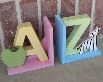 A to Z bookends for children library, bookshelf, Apple, Zebra