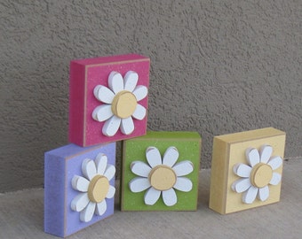 4 BLOCK SET with DAISIES for Easter, Spring, girl, and home decor