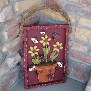 WELCOME FLOWER POT with sunflowers, lady bugs, and bees for home decor, door hanger,  with shadow box like frame