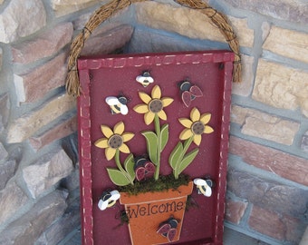 WELCOME FLOWER POT with sunflowers, lady bugs, and bees for home decor, door hanger,  with shadow box like frame