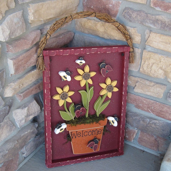 WELCOME FLOWER POT with sunflowers, lady bugs, and bees for home decor, door hanger,  with shadow box like frame