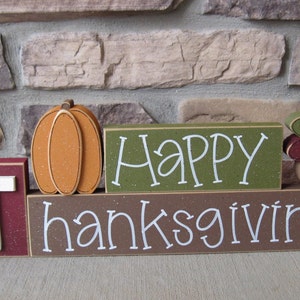 HAPPY THANKSGIVING BLOCKS with pumpkin and turkey blocks for table decor, desk, shelf, mantle, and party decor image 1