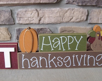 HAPPY THANKSGIVING BLOCKS with pumpkin and turkey blocks for table decor, desk, shelf, mantle, and party decor