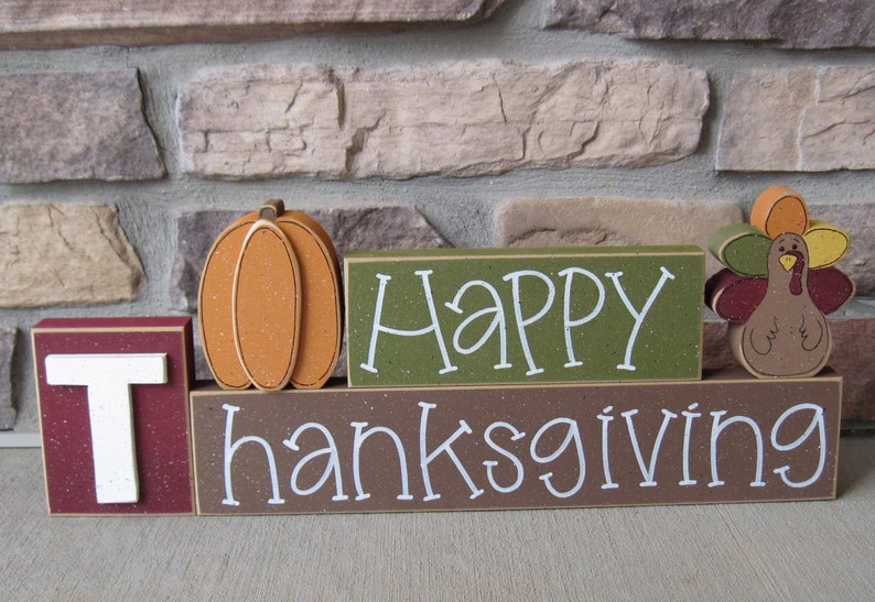 HAPPY THANKSGIVING BLOCKS with pumpkin and turkey blocks for table decor, desk, shelf, mantle, and party decor image 1