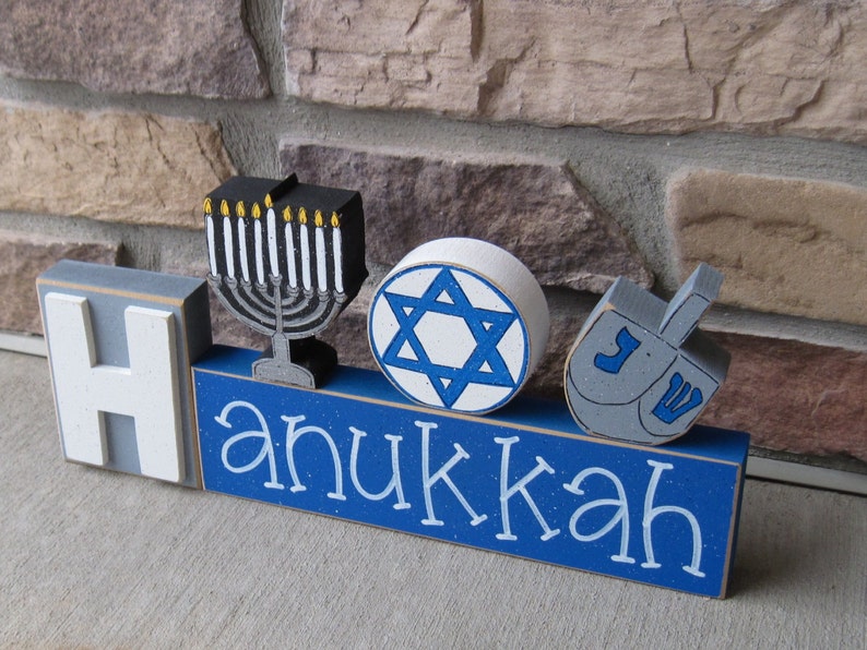 CHANUKAH BLOCKS with Menorah, Jewish Star, and Dreidel for desk, shelf, mantle, Hanukkah decorations, December, and home decor image 2