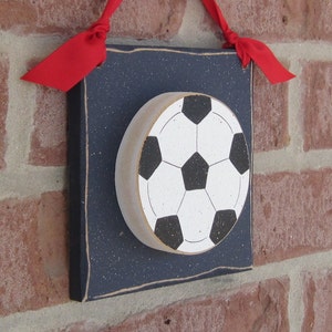 6 Inch HANGING SOCCER BALL with red ribbon for boy, wall, door hanger, and bedroom home decor image 1