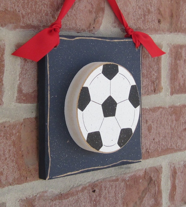 6 Inch HANGING SOCCER BALL with red ribbon for boy, wall, door hanger, and bedroom home decor image 1