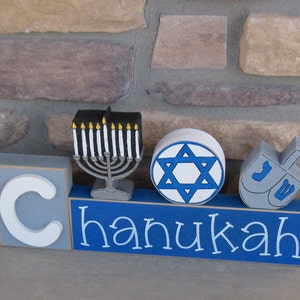 CHANUKAH BLOCKS with Menorah, Jewish Star, and Dreidel for desk, shelf, mantle, Hanukkah decorations, December, and home decor image 4
