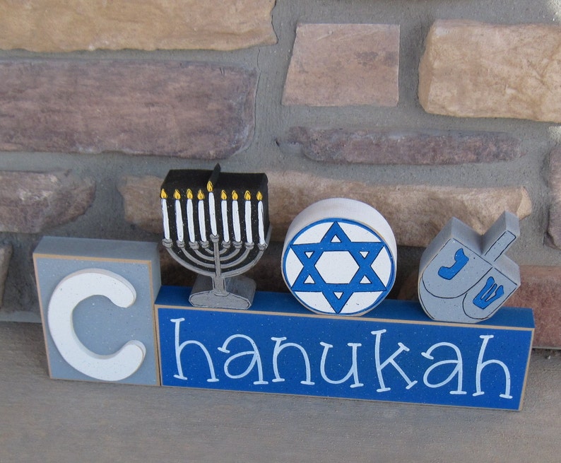 CHANUKAH BLOCKS with Menorah, Jewish Star, and Dreidel for desk, shelf, mantle, Hanukkah decorations, December, and home decor image 4