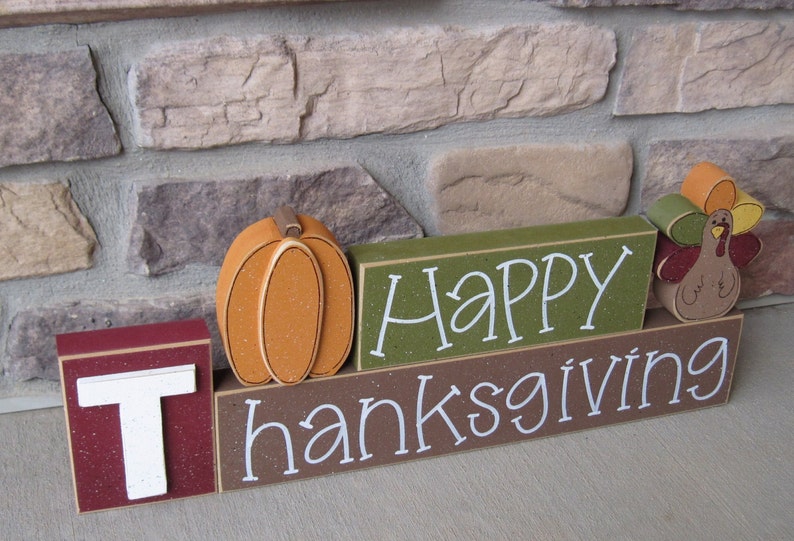 HAPPY THANKSGIVING BLOCKS with pumpkin and turkey blocks for table decor, desk, shelf, mantle, and party decor image 3