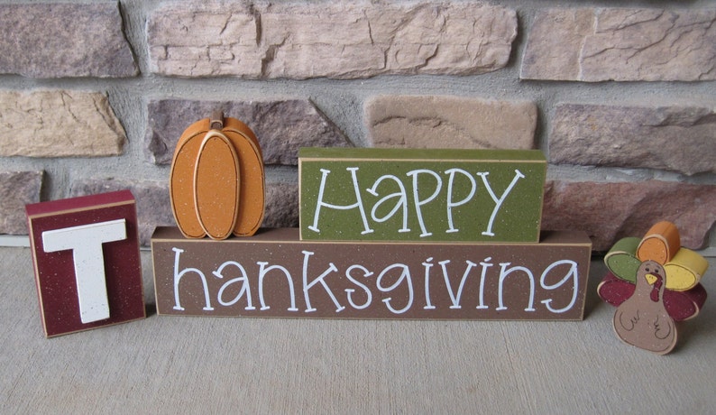 HAPPY THANKSGIVING BLOCKS with pumpkin and turkey blocks for table decor, desk, shelf, mantle, and party decor image 5