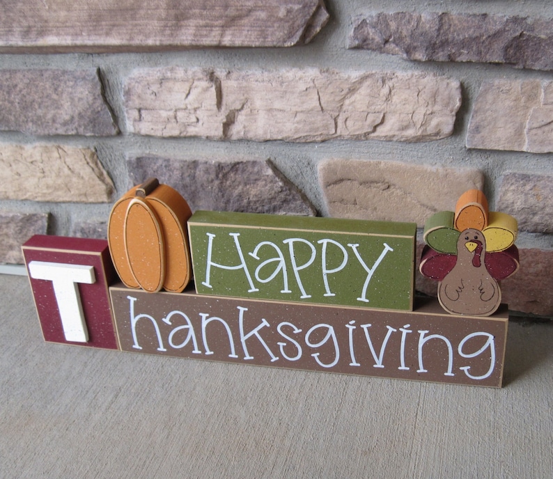 HAPPY THANKSGIVING BLOCKS with pumpkin and turkey blocks for table decor, desk, shelf, mantle, and party decor image 2