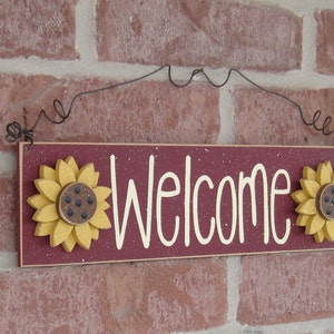 Free Shipping Welcome sign with sunflowers barn red for home and office door hanging sign image 1