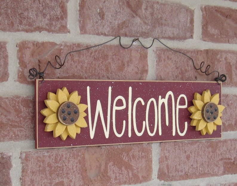 Free Shipping Welcome sign with sunflowers barn red for home and office door hanging sign image 1