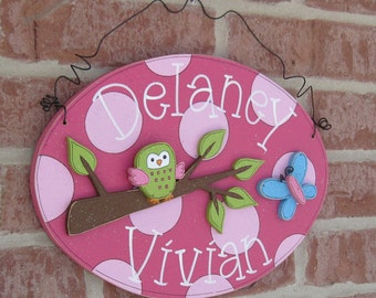 Custom Personalized Name or Word Oval Sign with bird, owl butterfly for children, home, desk, shelf, decor