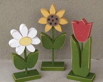 3 Tall Standing Flower Block Set for Spring decor, Flower decor, Girl room decor,  shelf, desk, office and home decor