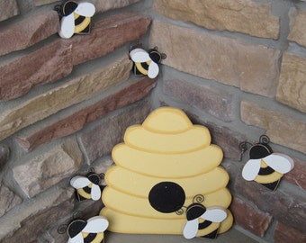 Handcrafted Yellow Bee Hive & Bees, Home Decor
