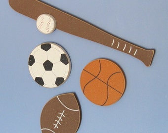 Hanging Basketball, Football, Baseball, and Soccer SPORTS SET for boy, wall, sports theme room, man cave, and bedroom home decor