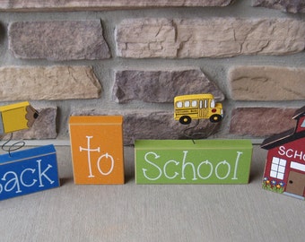 Back to SCHOOL BLOCKS with pencil, school bus and schoo house, for desk, shelf, mantle, school decor, teacher decor, home decor