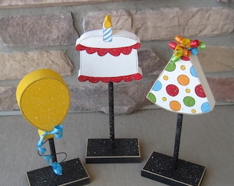 3 Tall Standing BIRTHDAY THEMED Block  SET with birthday cake, party hat, and balloon for shelf, desk, party decor office and home decor