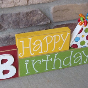 HAPPY BIRTHDAY BLOCKS with birthday hat for table decor, desk, shelf, mantle, and party decor