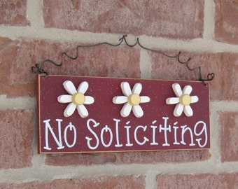 Free Shipping - NO SOLICITING SIGN with 3 Daisies (barn red) for home and office hanging sign