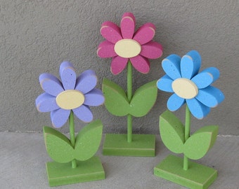 3 Tall Standing Flower Block Set for Spring decor, Flower decor, Girl room decor,  shelf, desk, office and home decor