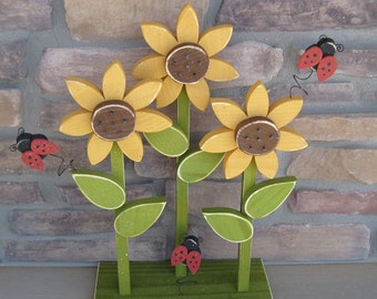 TRIPLE SUNFLOWER on stand with LADYBUGS for home decor, porch, Summer, Autumn and Fall decor