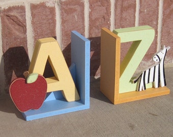 A to Z bookends for children library, bookshelf, Apple, Zebra