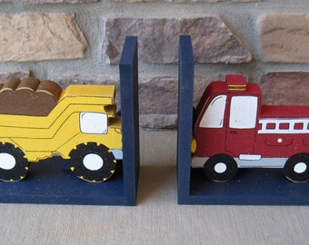 Dump Truck and Fire Truck bookends for children library, bookshelf