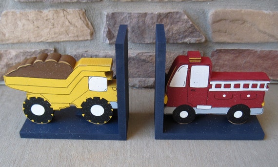 Dump Truck and Fire Truck bookends for children library, bookshelf