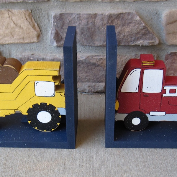 Dump Truck and Fire Truck bookends for children library, bookshelf