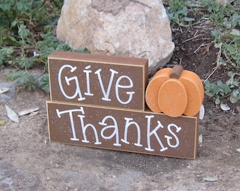 GIVE THANKS BLOCKS with a pumpkin for desk, shelf, mantle, holiday, November, Thanksgiving, and home decor