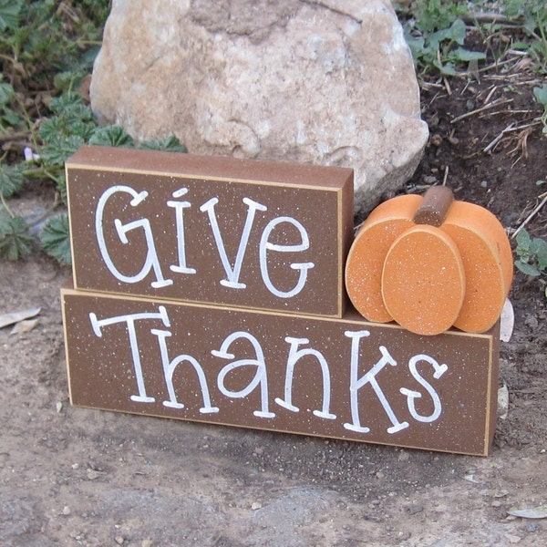 GIVE THANKS BLOCKS with a pumpkin for desk, shelf, mantle, holiday, November, Thanksgiving, and home decor