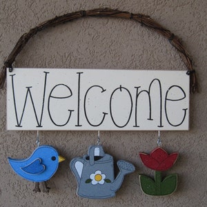 Welcome sign (Bird, Watering can, Tulip) for wall and home decor