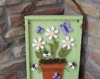WELCOME FLOWER POT with Daisies, Butterflies and Bees for home decor, door hanger and spring decor with shadow box like frame