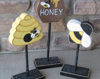 3 Tall Standing BEE THEMED Block  SET with Honey pot, Bee, and Beehive tree, for Bee decor, Girl decor, shelf, desk, office and home decor